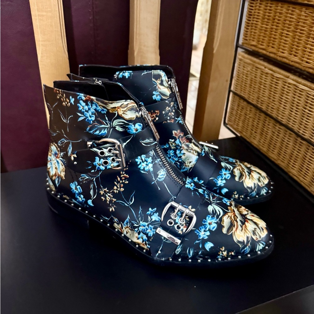 Gianni Bini Dark Romance Kenderix Studded Black and Blue Floral Ankle Boots